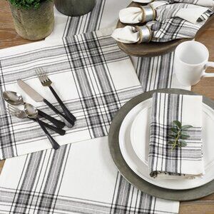 Farmhouse Black & Off White Plaid 16x72 in Runner & 4 pcs 20 in Cloth Napkins